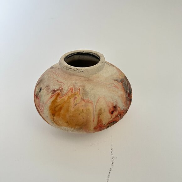 Vintage Nemadji Indian Native Clay pottery USA Orange black Swirl Vase 3" x 2" - Picture 1 of 13